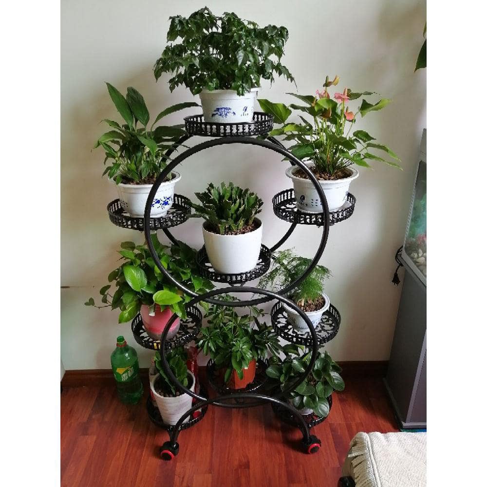 YIYIBYUS 46.9 in. x 29.1 in. 9 Potted Multiple IndoorOutdoor Black Metal Plant Stand Flower Pot Holder (6-Tier) OT-ZJCY-5273