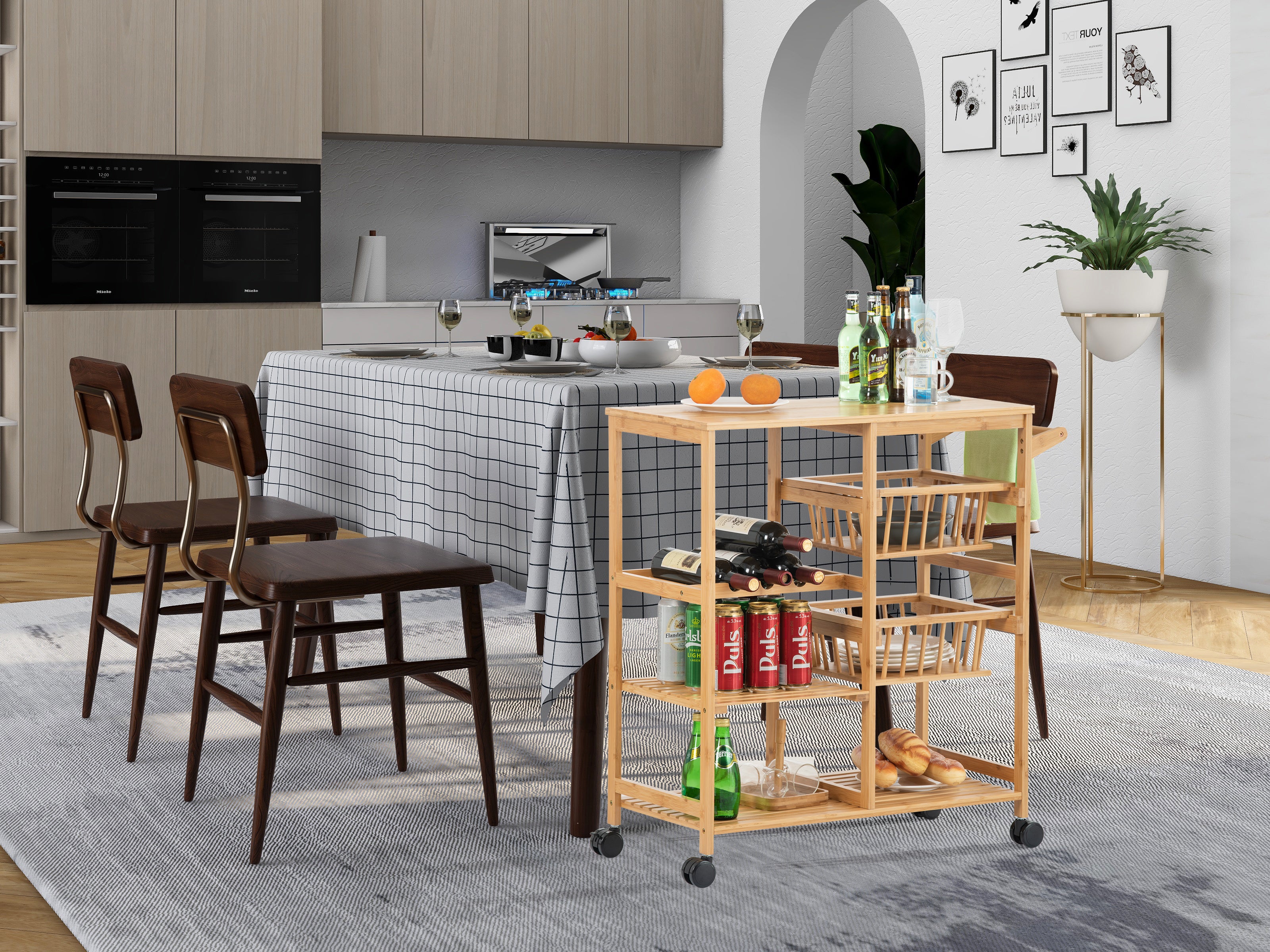 Bamboo Dining Cart, Kitchen Island Cart with Wood Tabletop