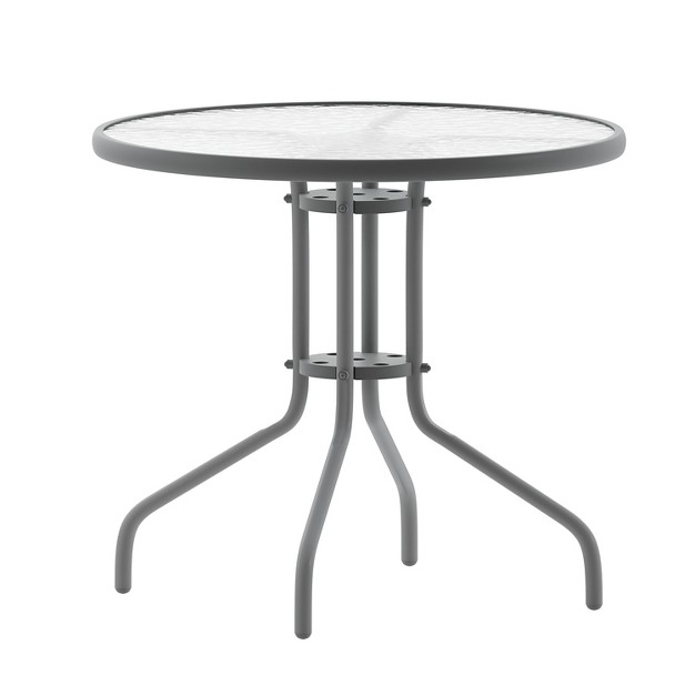 Flash Furniture Lila 31 5 x27 x27 Round Glass Metal Table With 4 Metal Aluminum Slat Stack Chairs