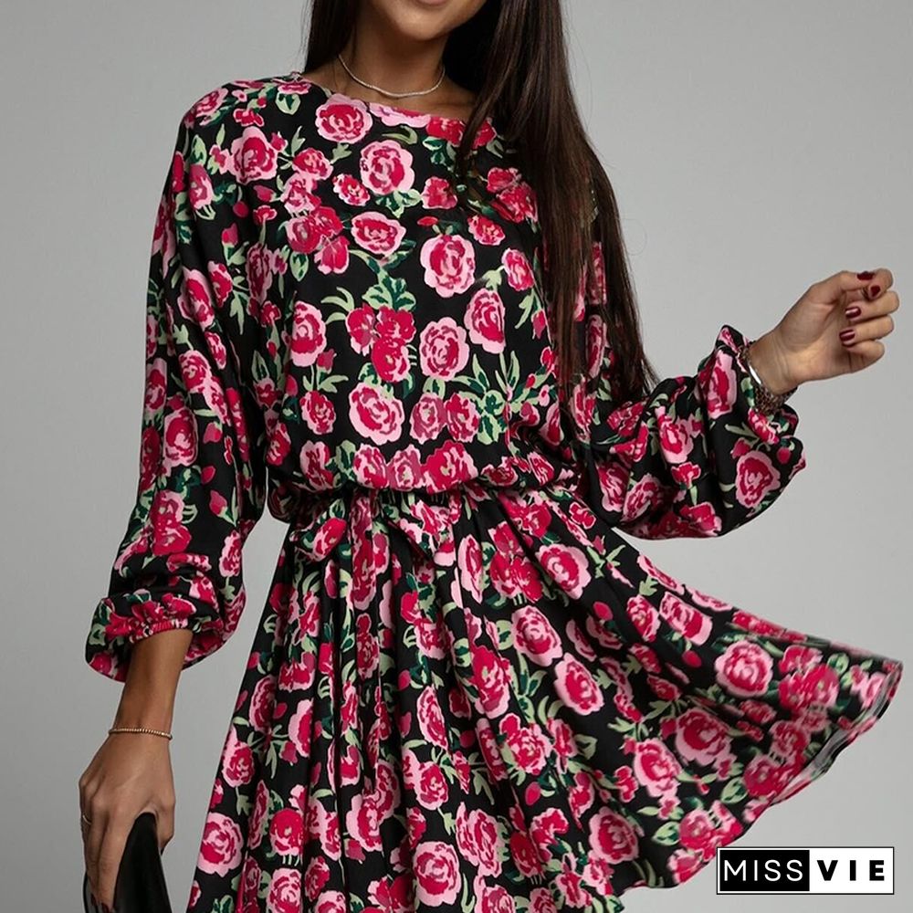 Women's Clothing Dresses Elegant Floral Print Dress O-neck Lace Up Full Sleeves A-line Mini Pleated Dresses New