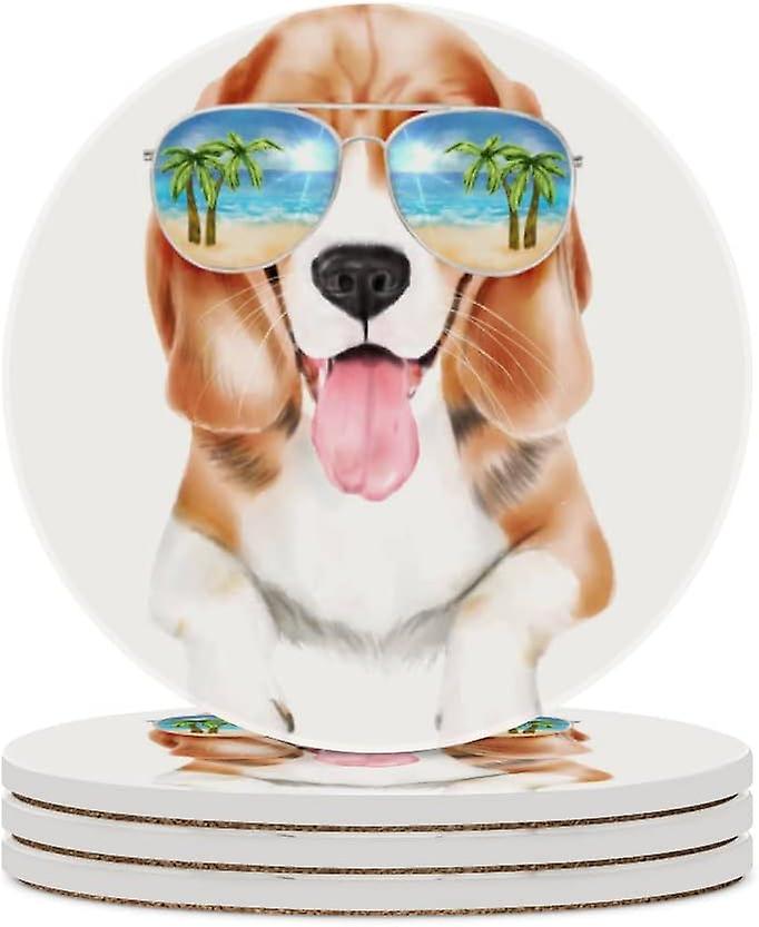 1pc Round Cool Dog Beagle Breed In Sunglasses Ceramic Coasters With Cork-backed For Coffee Drink Cup Mat Absorbent Stone Coasters