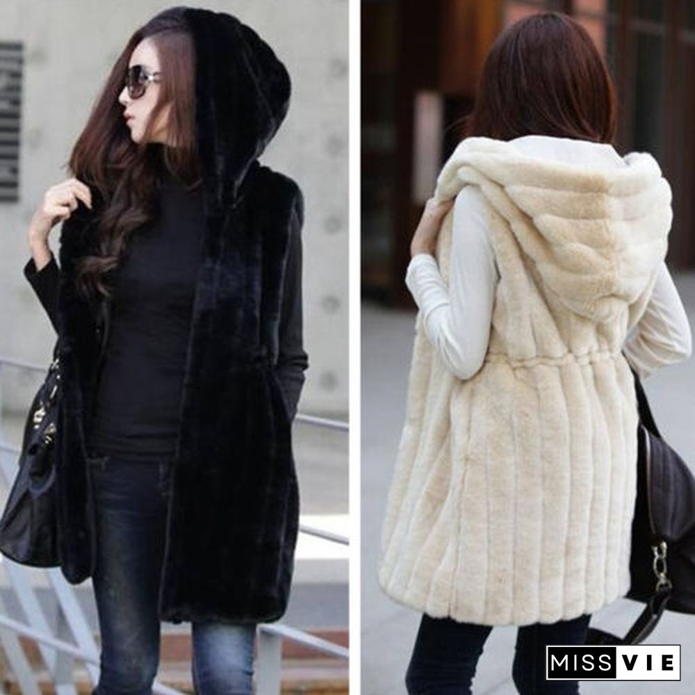 Womans Faux Rabbit Fur Hooded Vests Jacket Slim Long Waistcoat Plush Wrap Coat