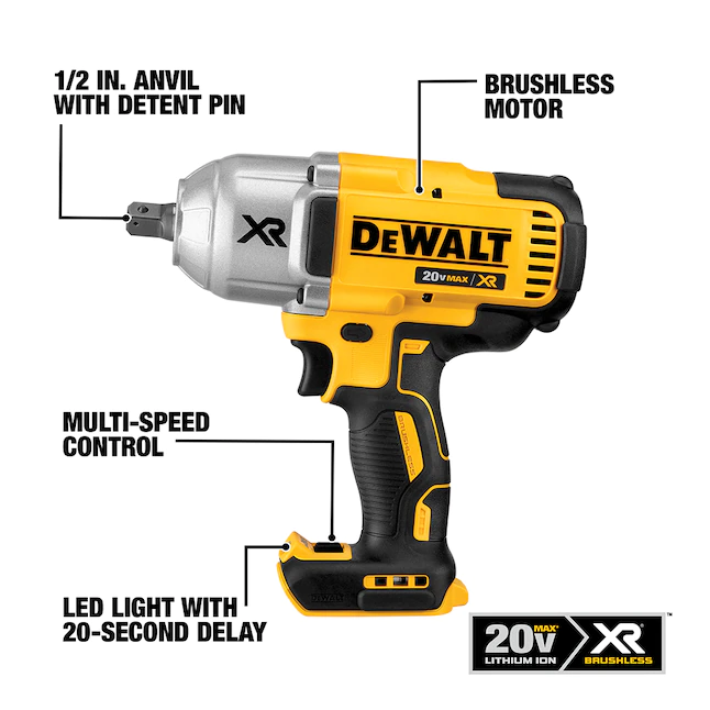 DEWALT DCF899P1 20-Volt MAX XR Cordless Brushless 1/2 in. High Torque Impact Wrench with Detent Pin Anvil， (1) 20-Volt 5.0Ah Battery