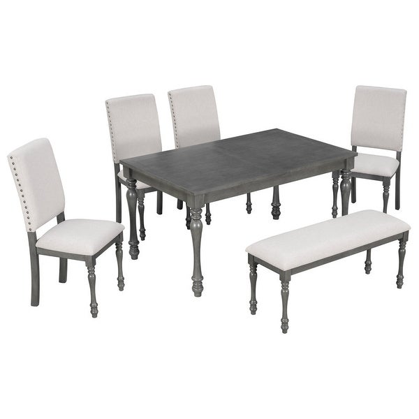 Designed 6-piece dining table set with wooden dining table， 4 upholstered chairs， nail head trim and kitchen dining bench