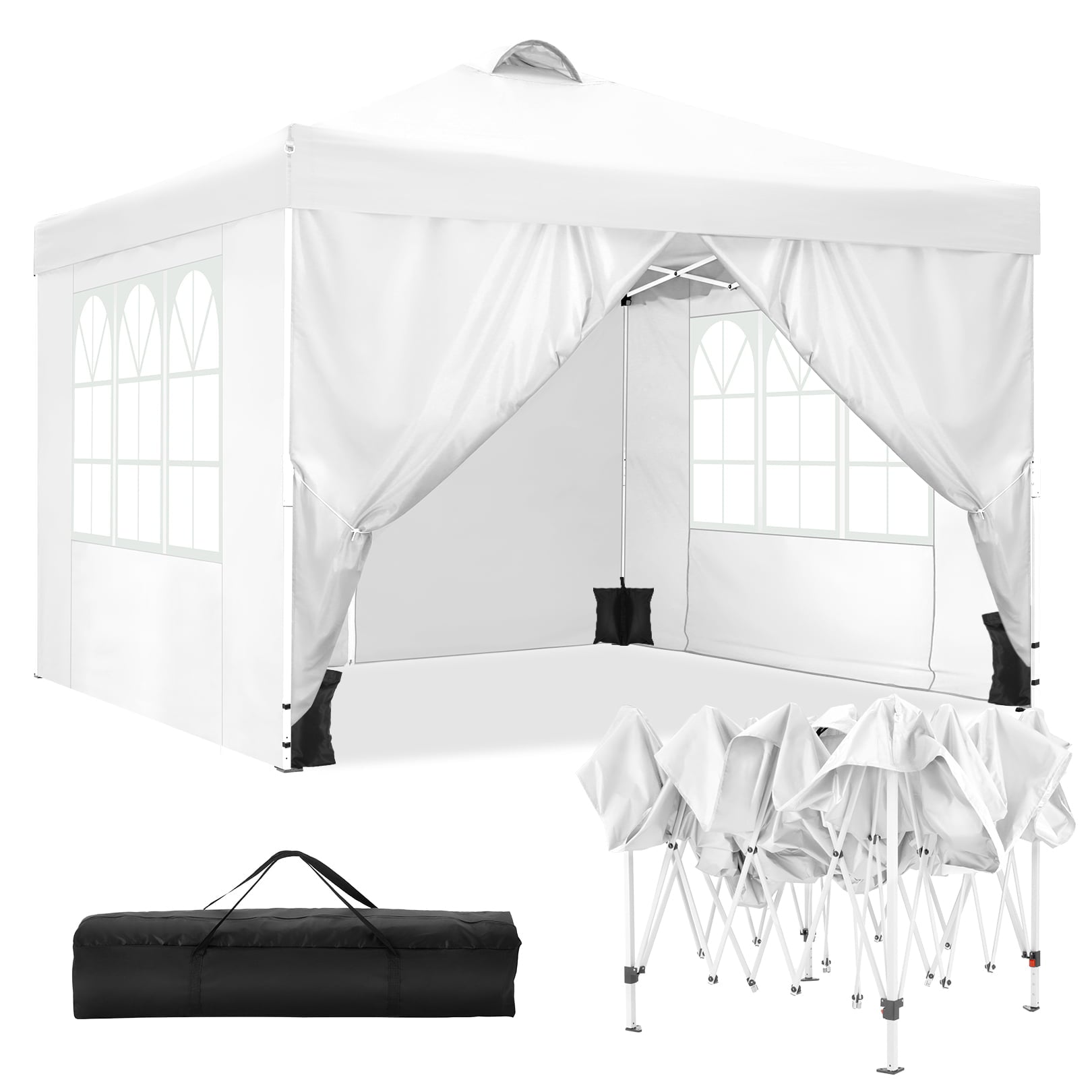 10' x 10' Straight Leg Pop-up Canopy Tent Easy One Person Setup Instant Outdoor Canopy Folding Shelter with 4 Removable Sidewalls, Air Vent on The Top, 4 Sandbags, Carrying Bag, White