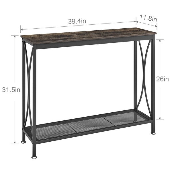 VECELO， Rustic Brown Narrow Console Table Entryway Table，Sofa Table with Metal Mesh Storage Shelf