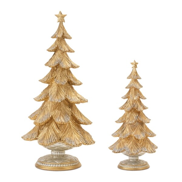 Glittered Gold Pine Tree on Pedestal (Set of 2)