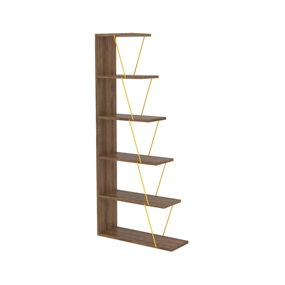 5 Tier Ladder Narrow Bookshelf Organizers for Small Spaces Office Furniture  Walnut/Yellow