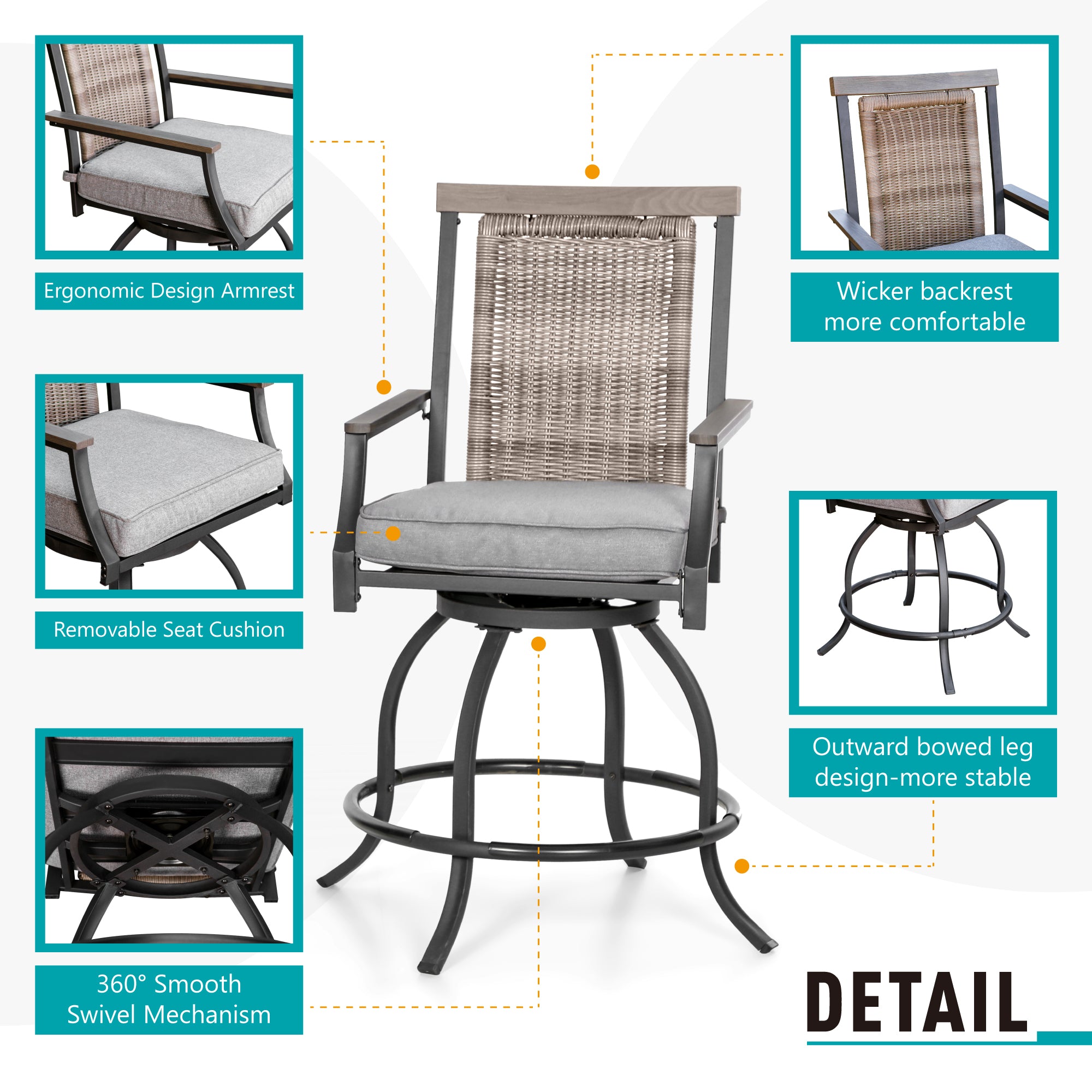 Sophia and William 3 Pieces Swivel Bar Set Rattan Backrest and Padded Cushion Bar Chair and Square Metal Table