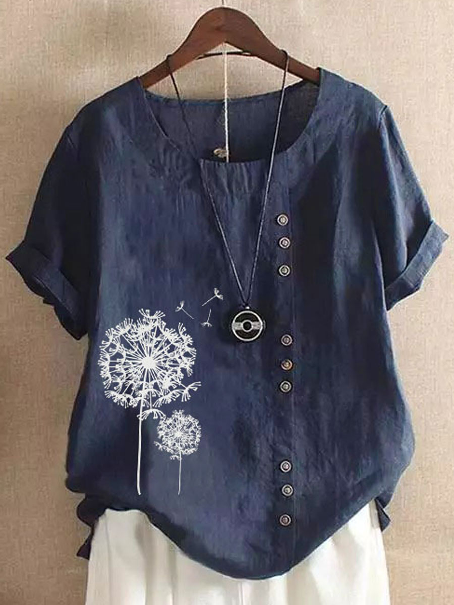 Round Neck Casual Loose Dandelion Print Short Sleeve Blouse