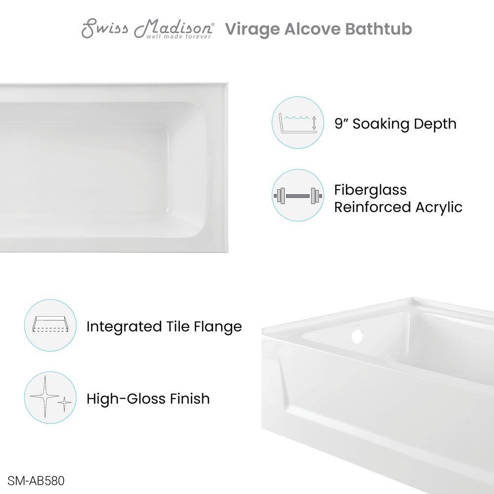 Swiss Madison Virage 60 in. x 30 in. Left-Hand Drain Rectangular Alcove Bathtub with Apron in White SM-AB580