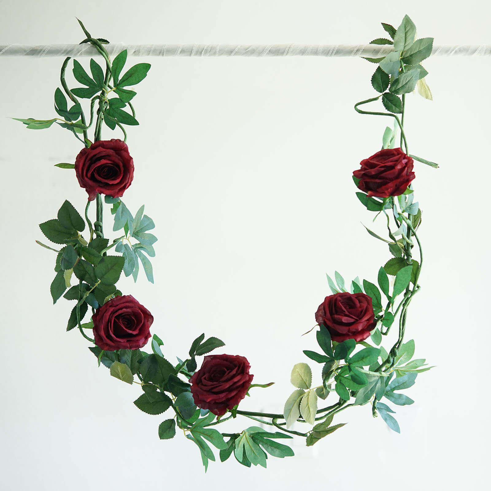 Burgundy Real Touch Artificial Rose and Leaf Flower Garland Vine 6ft