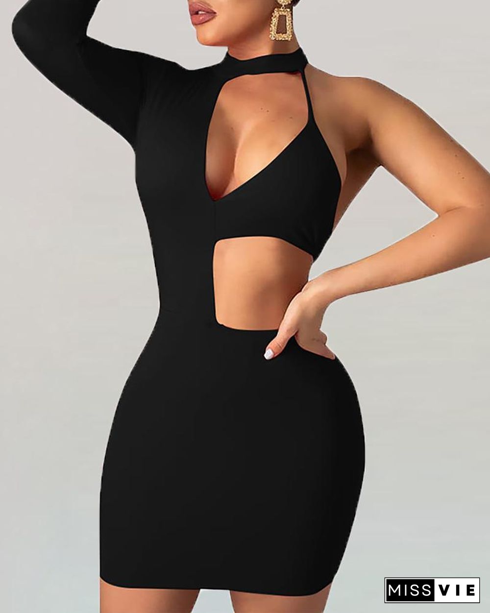 Solid One Shoulder Cut Out Bodycon Dress Black Dresses