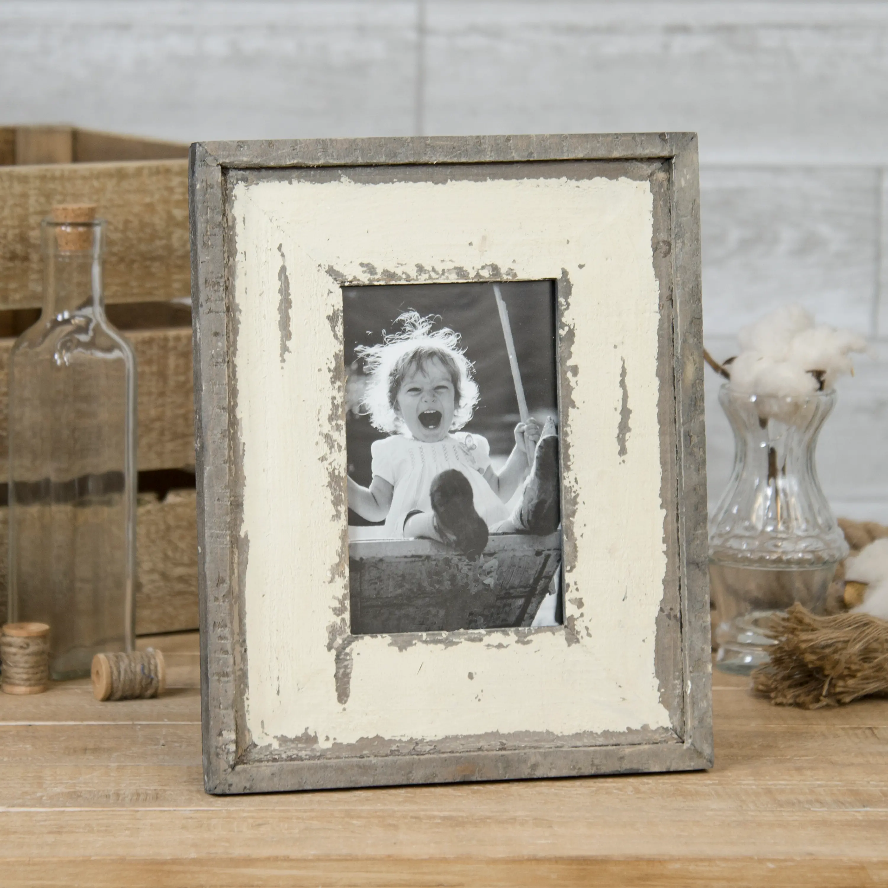 Distressed Gray Wood and White Tabletop Picture Frame