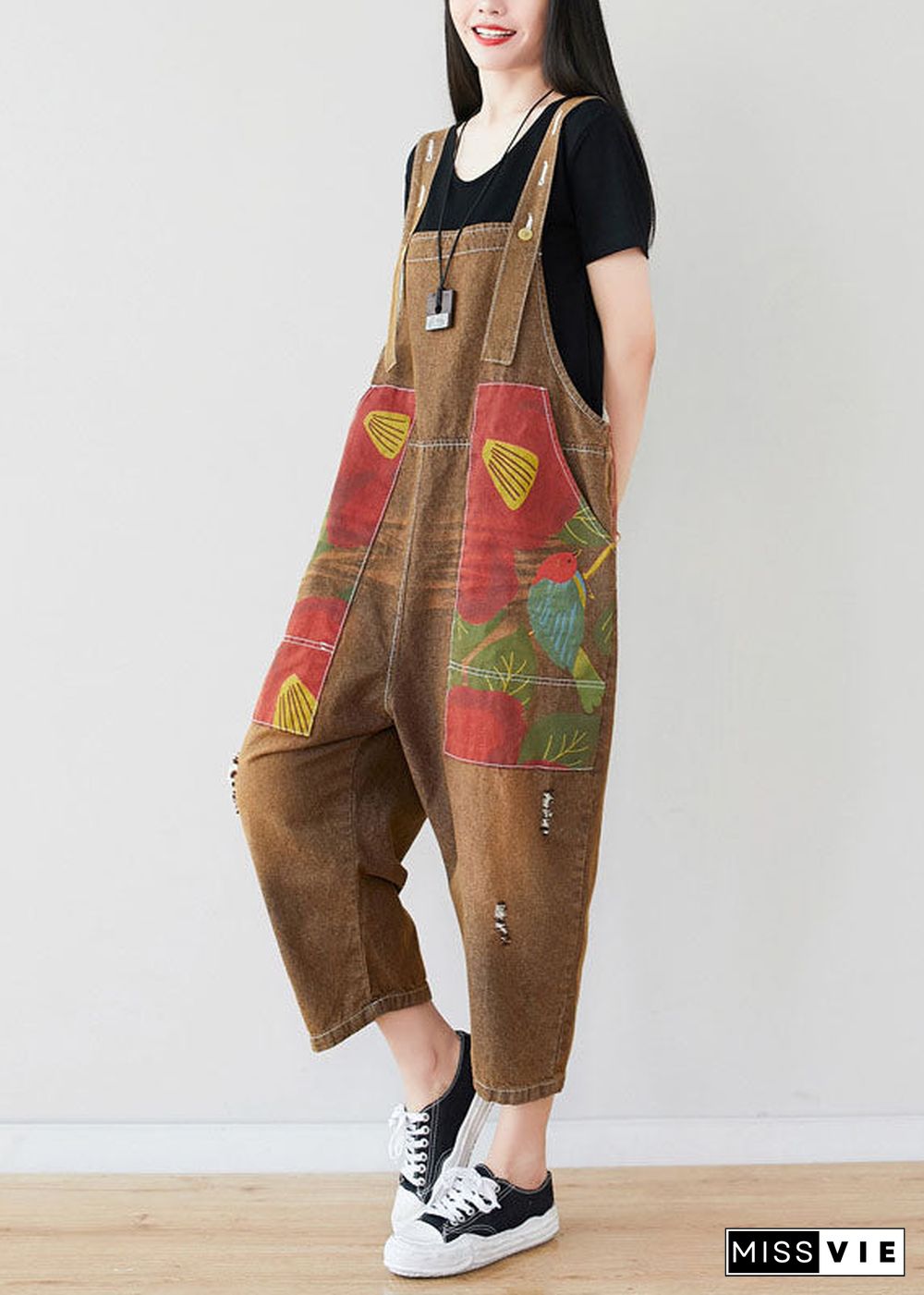 Chocolate Patchwork Print Jumpsuit Pants Ripped Denim Spring