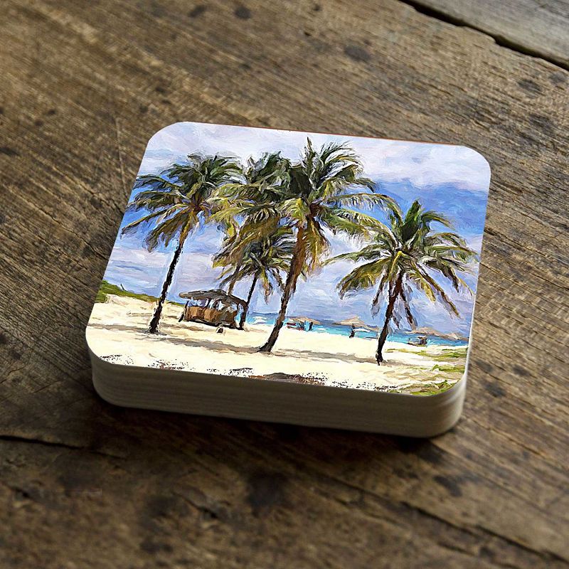 Palm Trees Beach Coastal Wooden Cork Coasters Gift Set of 4 by Nature Wonders