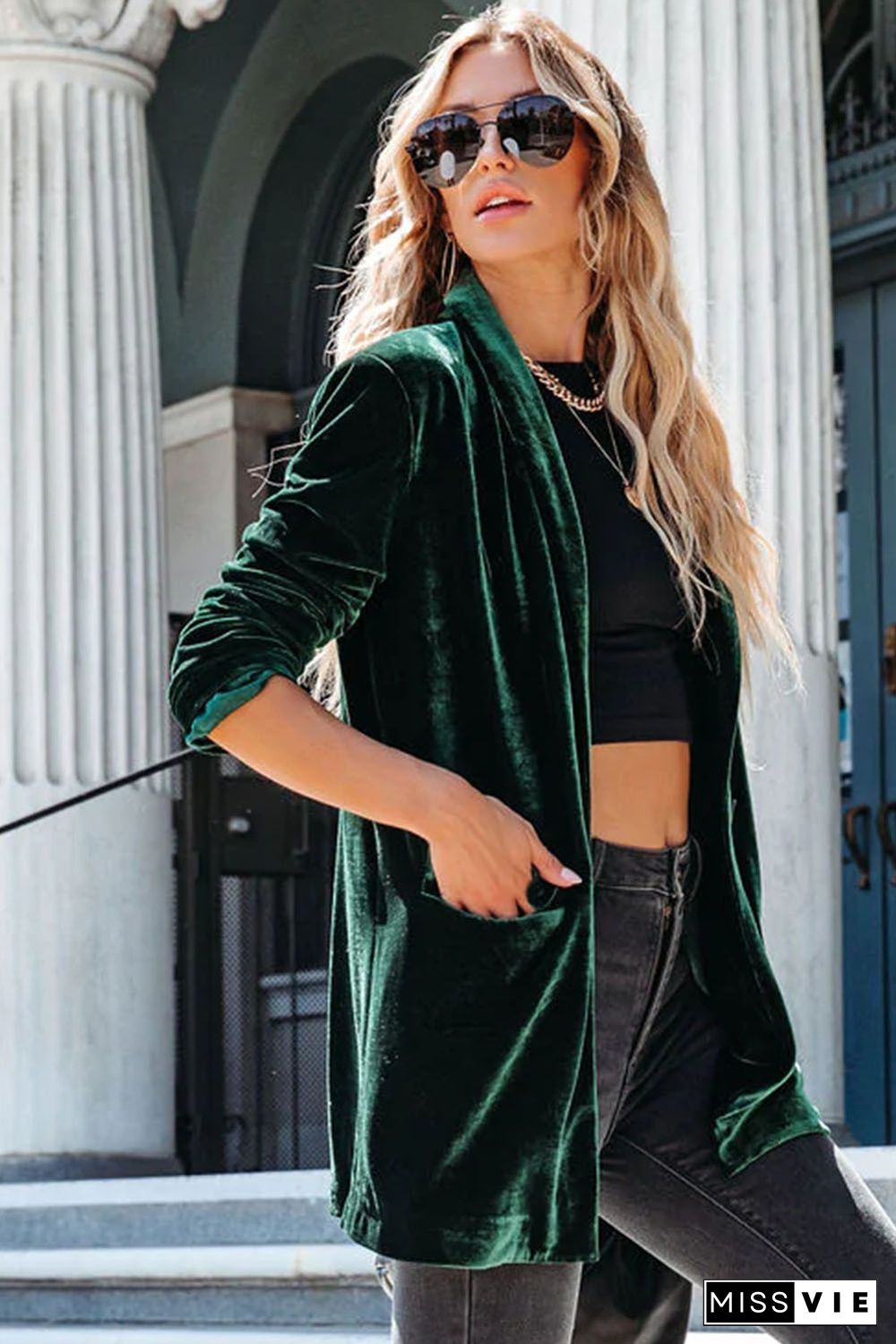 Green Casual Pocketed Velvet Blazer