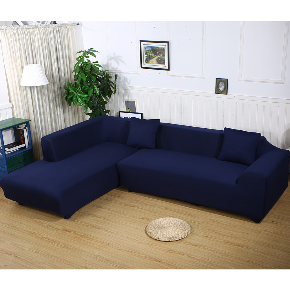 Sofa Covers for L Shape, 2pcs Polyester Fabric Stretch Slipcovers + 2pcs Pillow Covers for Sectional sofa L-shape Couch - Solid Color Blue