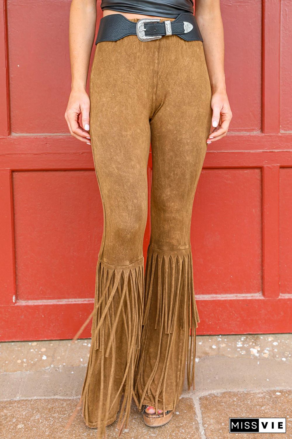 Western High Waist Fringe Flare Pants