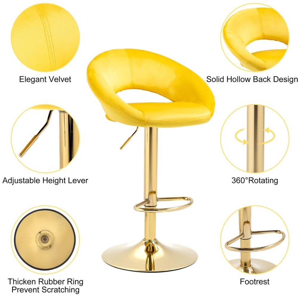 Yellow Velvet Modern Dining Chairs with Swivel Bar Stools Set of 2