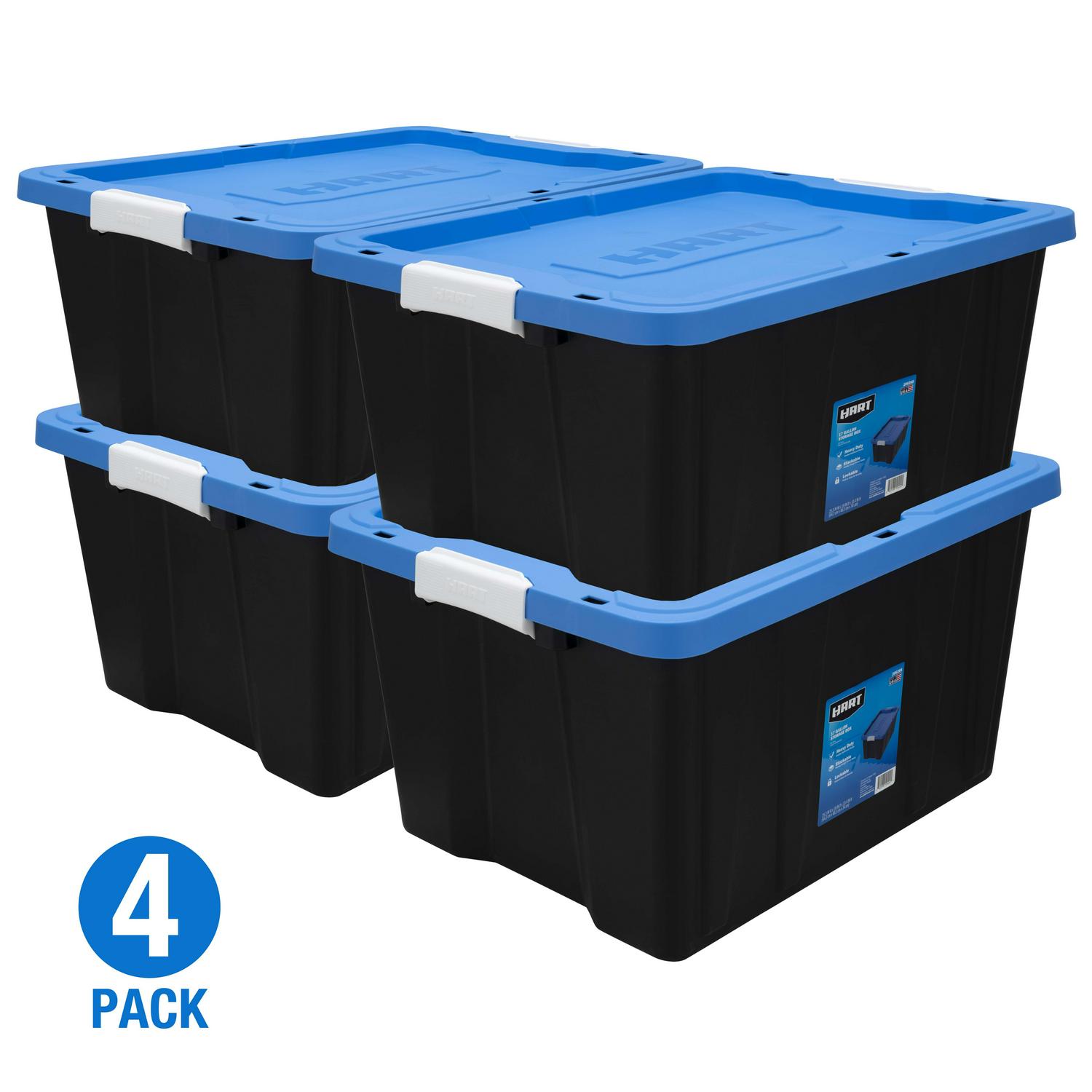 HART  17 Gallon Heavy Duty Latching Plastic Storage Box， Black Base/Blue Lid， Set of 4