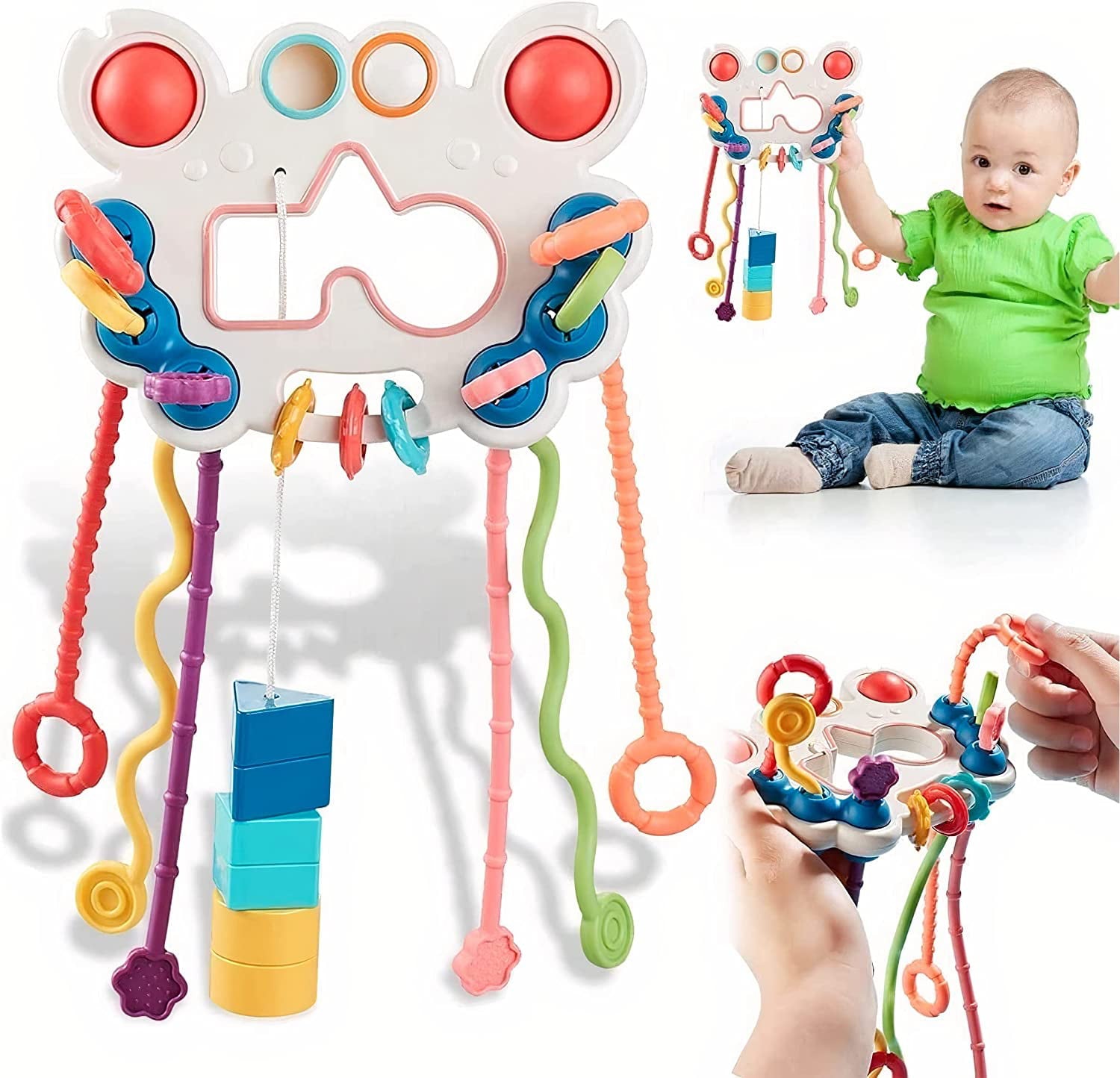 Baby Sensory Montessori Toys for 1 Year Old，Travel Pull String Baby Toy for 6-12 Months，Food Grade Silicone Multi-sensory Activity Toddler Toys，Developing Fine Motor Skill，Birthday Gift for Toddlers