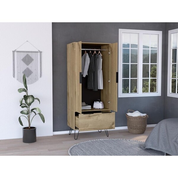 TUHOME Augusta Closet with Hanging Rod， Drawer， Hairpin Legs， and Double Door Cabinet - - 35438217