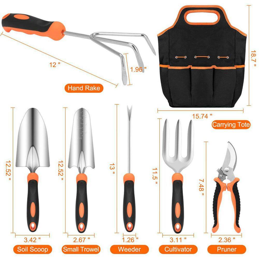 7-Piece Black and Orange Stainless Steel Heavy-Duty Garden Tool Set with Carring Tote Bag B09F3CWRRC