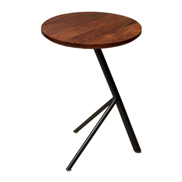 19 Inch Handcrafted Round Acacia Wood End Side Table， Sleek Tripod Metal Base， Walnut Brown， Black