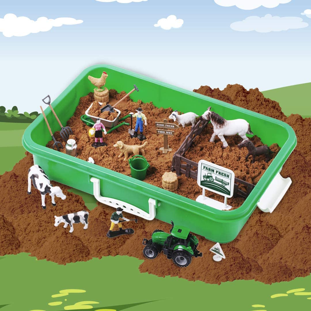 Farm Sand Play Set 28 Figures- Sensory Toys for Kids with 2 lbs of Sand, Farm Animals, Signs, Fences, Trucks and Farm Tools