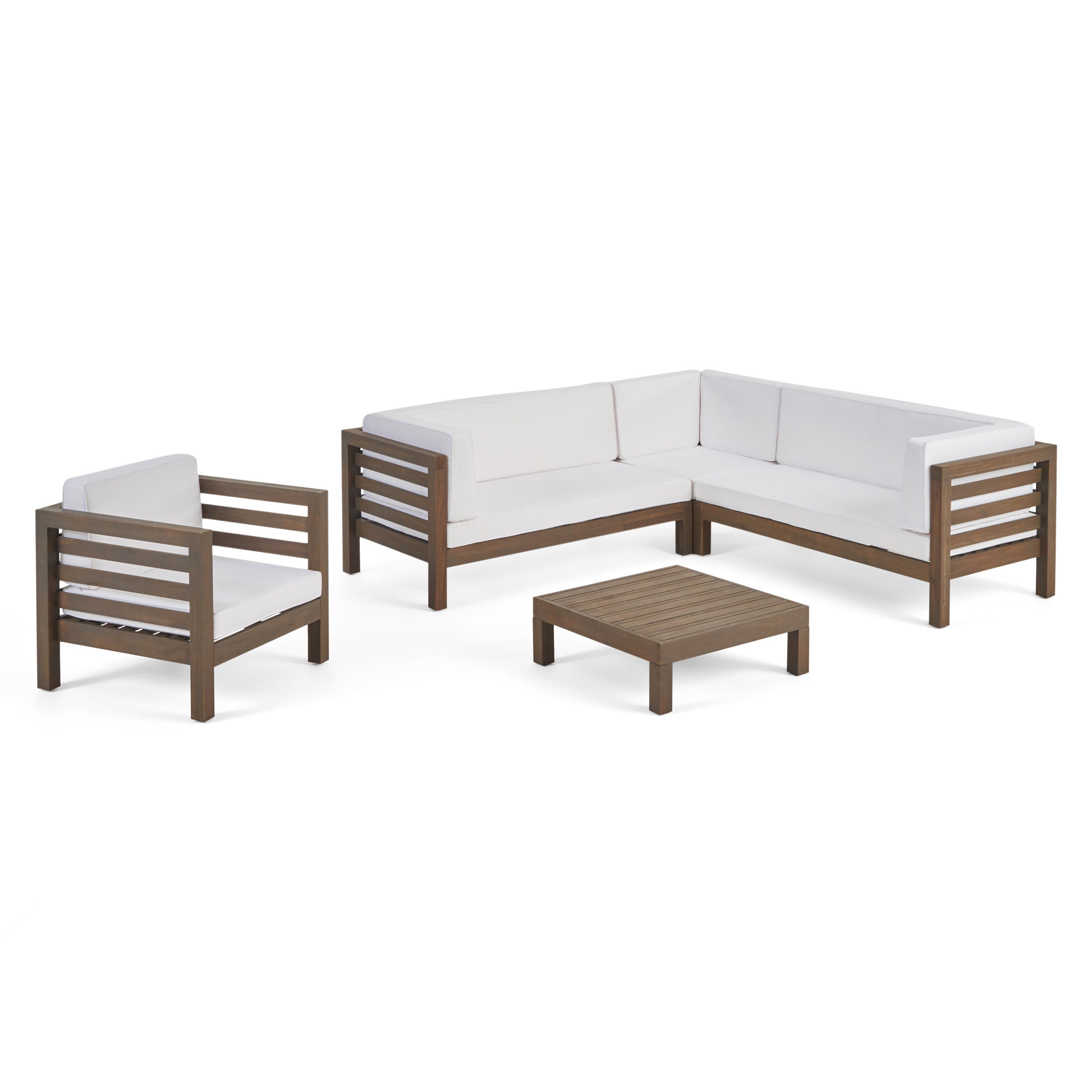 Emma Outdoor 6 Seater Acacia Wood Sectional Sofa and Club Chair Set