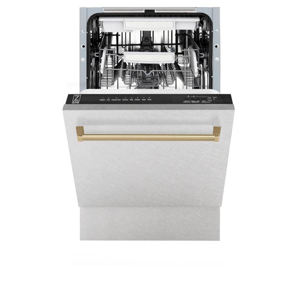 ZLINE Kitchen and Bath Autograph Edition 18 in. Top Control Tall Tub Dishwasher 3rd Rack in Fingerprint Resistant Stainless  Champagne Bronze DWVZ-SN-18-CB