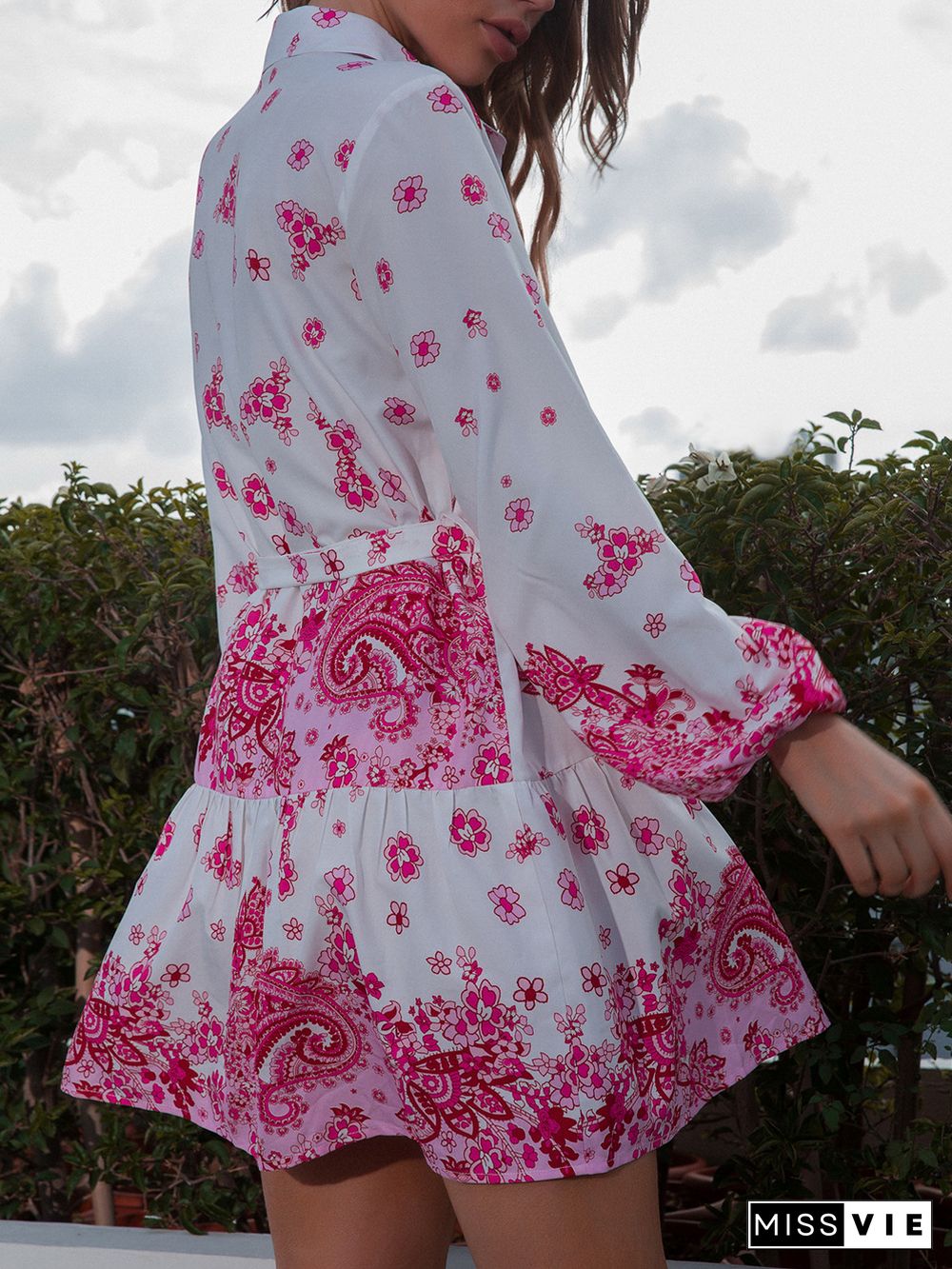 Flower Print Puff Sleeve Tie Knot Dress