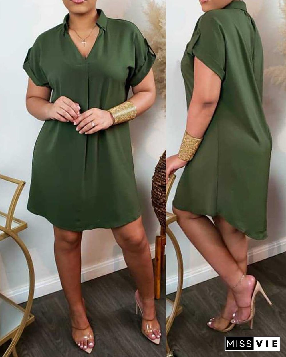 Plain Short Sleeve Casual Shirt Dress