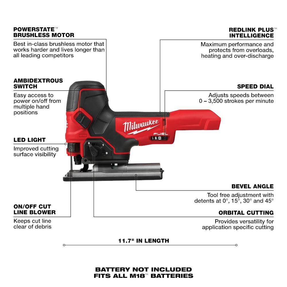 MW M18 FUEL 18V Lithium-Ion Brushless Cordless Barrel Grip Jig Saw (Tool Only) 2737B-20