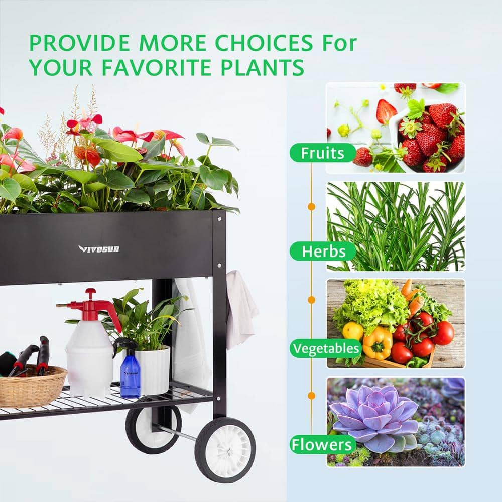 VIVOSUN 37.79 in. x 20.31 in. x 32.87 in. Black Metal Mobile Elevated Planter Box with Wheels and Storage Shelf wal-WHEEL-001J