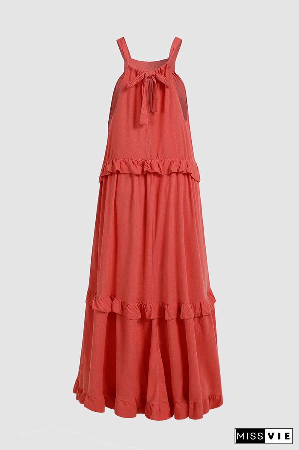 Ruffle Trim Shirred Tie Back Maxi Dress