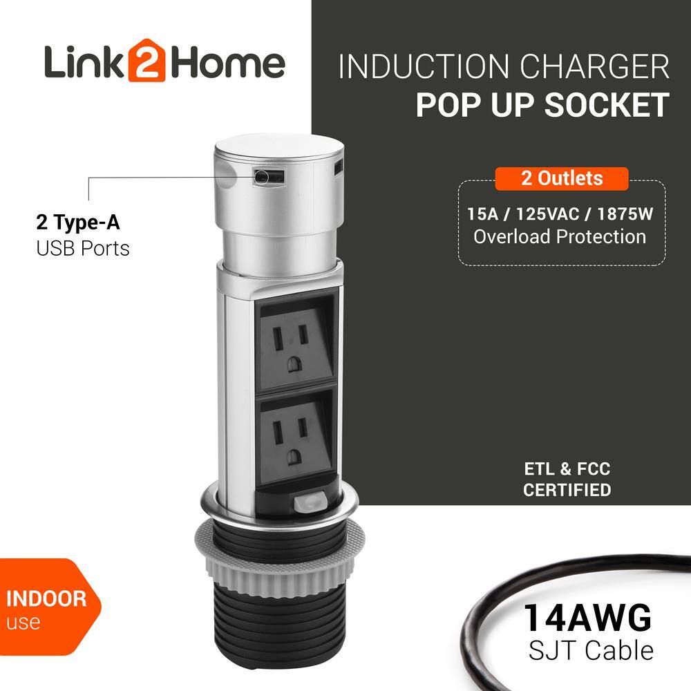 Link2Home Space Saver Pop Up-Outlet 2 Power Outlets 2 USB Ports 2.4 Amp Overload Protection Splash Resistant EM-PU-200E