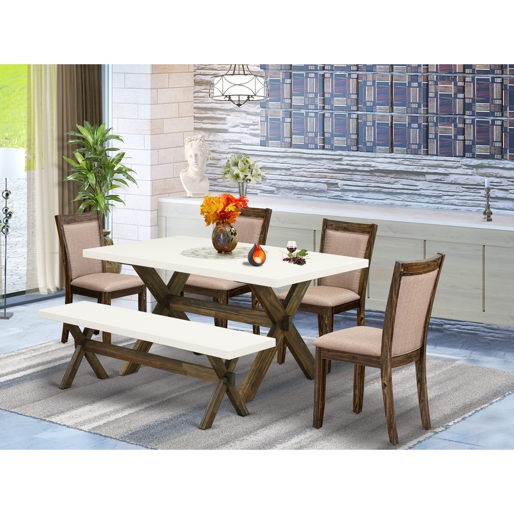 East West Furniture Dinette Set  a Dining Table and Dark Khaki Linen Fabric Chairs  Distressed Jacobean(Pieces Options)