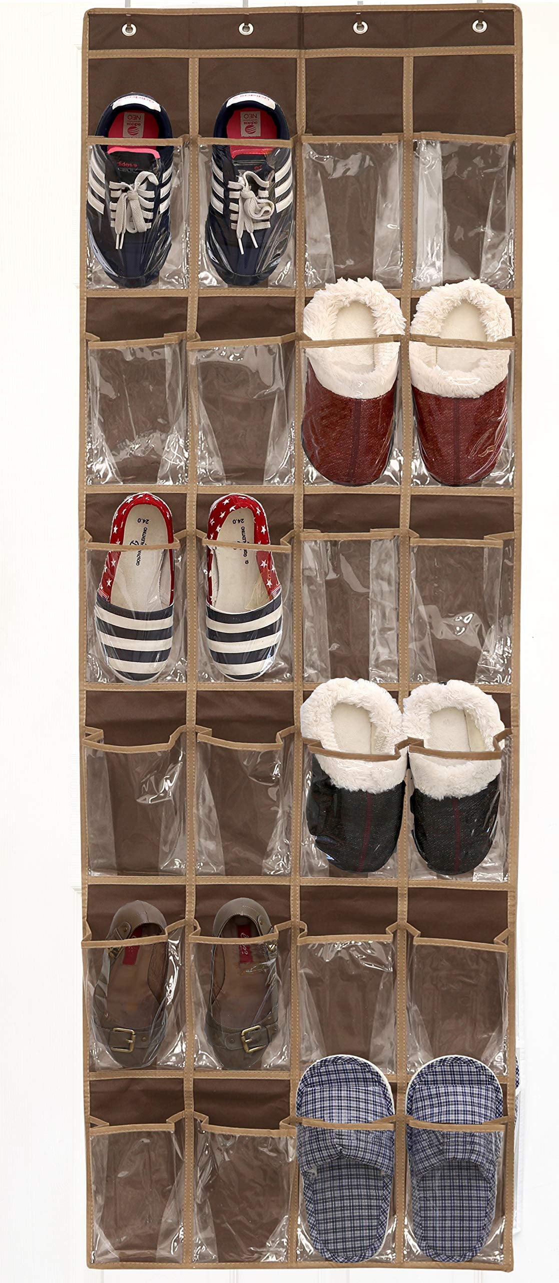 24 Pockets - SimpleHouseware Crystal Clear Over The Door Hanging Shoe Organizer， Brown