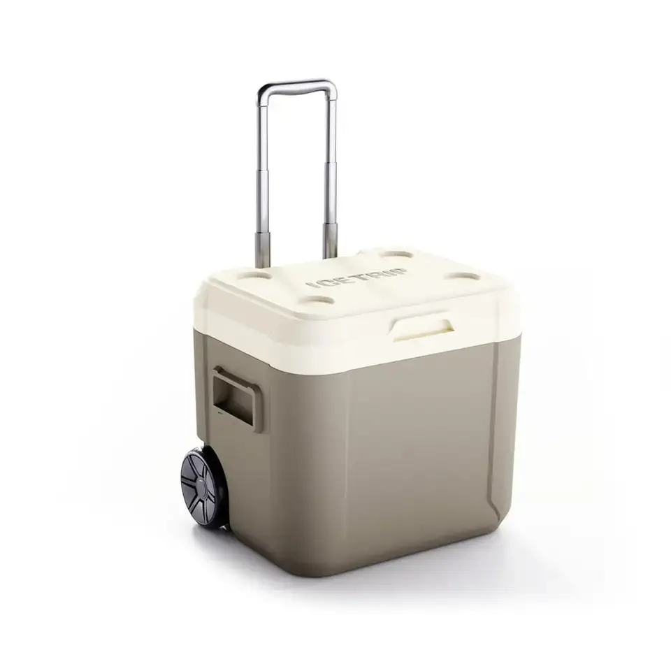 2023 Hot selling outdoor plastic insulated wheeled 52L ice cooler box large fishing food hard cooler with wheels box