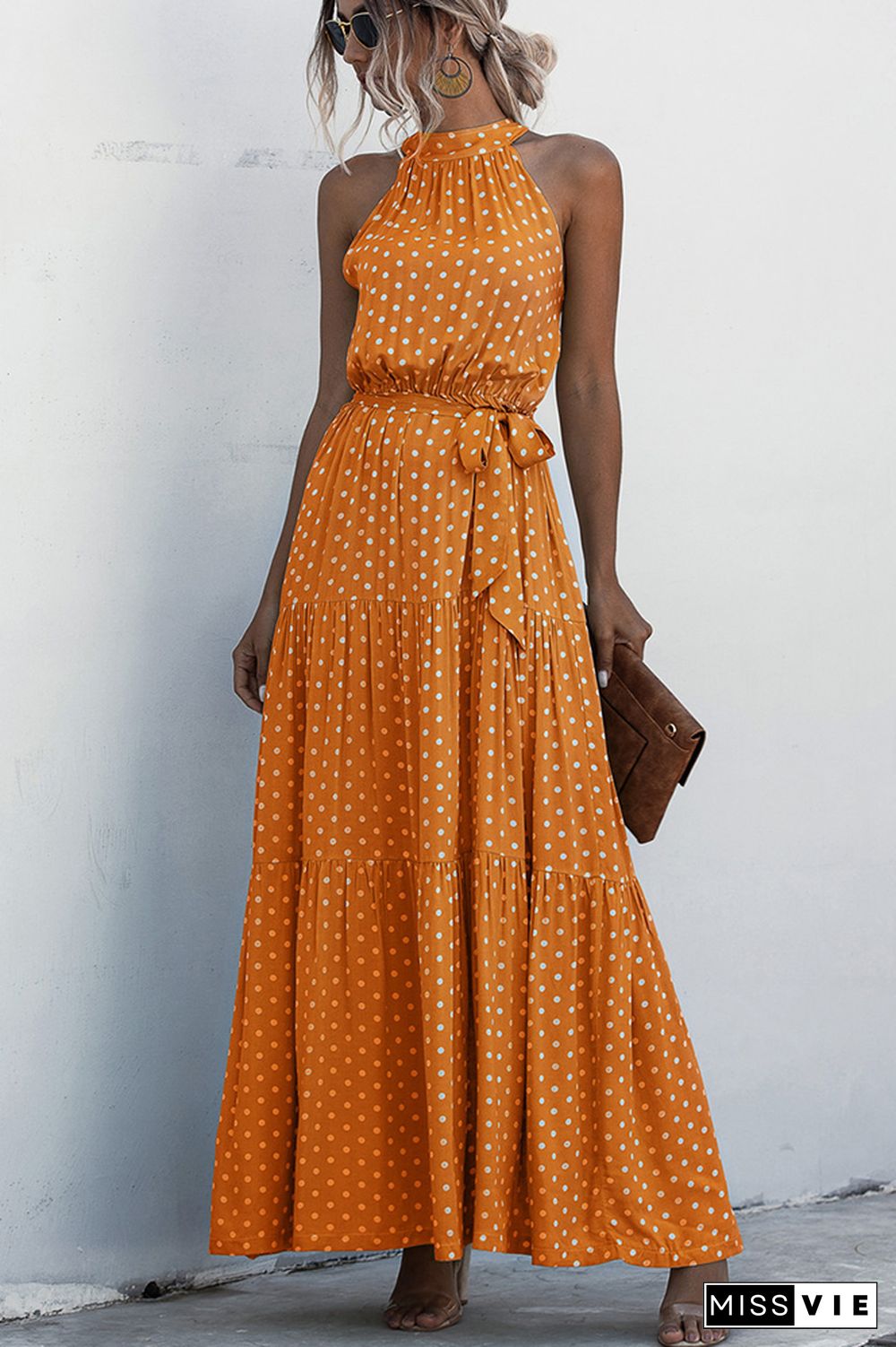 Halter Polka Dot Print Tie Waist Maxi Dress Wholesale