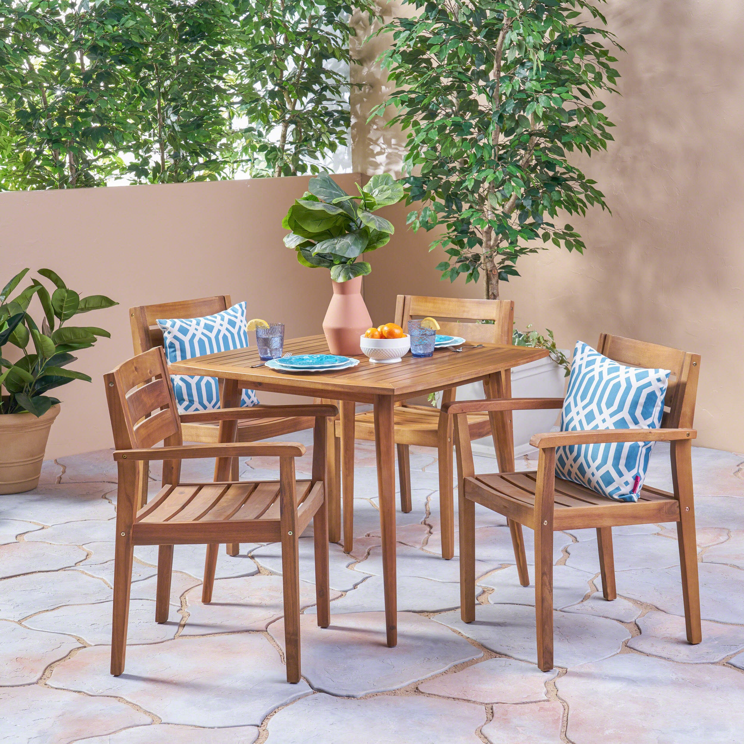 Solomon Outdoor 5 Piece Acacia Wood Dining Set, Teak