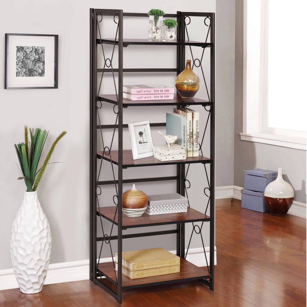 VECELO 5 Shelf Bookcase No-Assembly Folding-Bookshelf Industrial Standing Racks Study Organizer with Metal Frame ，Brown 1 KHD-XJM-B01