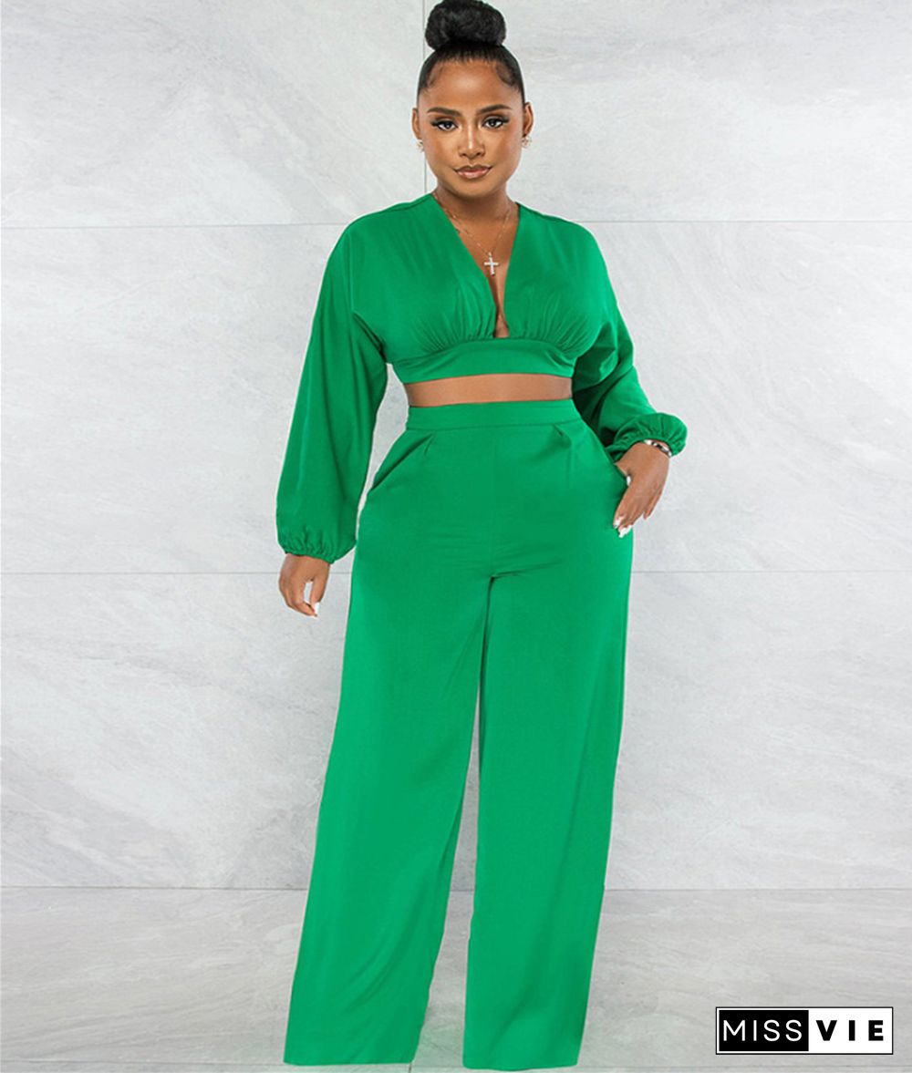 Deep V Neck Crop Top Wide Leg Pants Two Piece Set