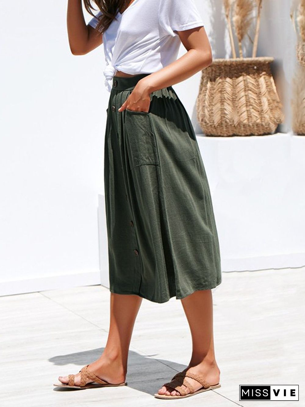 A-Lined Buttons Knee Length Midi Skirt With Pockets