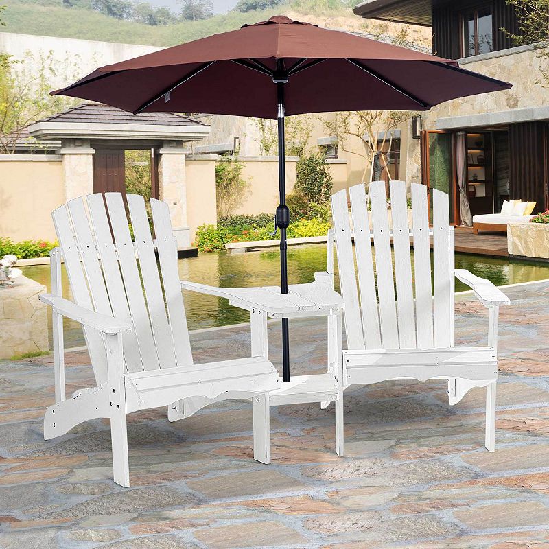 Outsunny Set of 2 Wooden Adirondack Chairs， Outdoor Double Seat with Center Table and Umbrella Hole for Patio， Backyard， Deck， Fire Pit， White