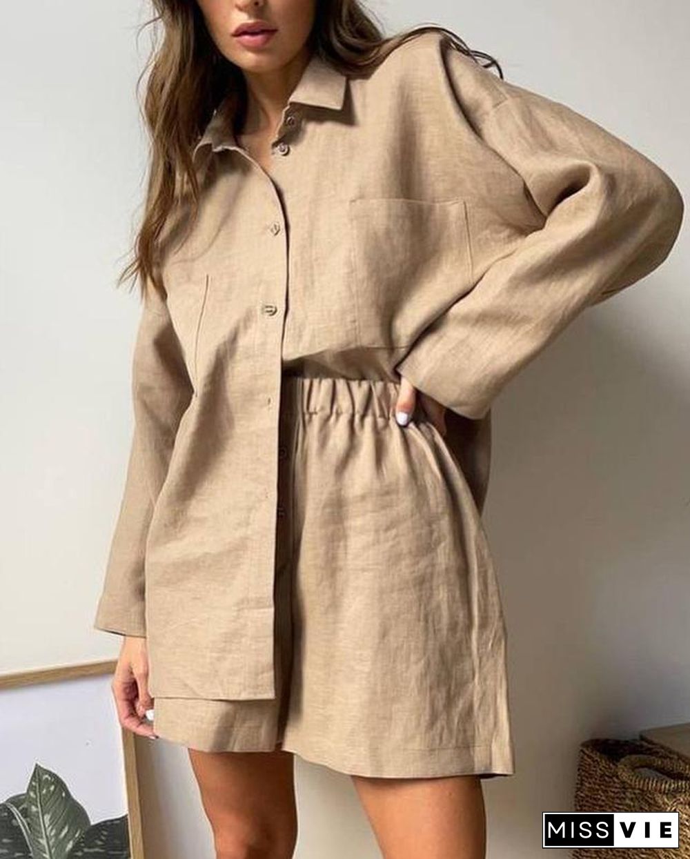 Loose Solid Color Long Sleeves Shirt and Shorts Suit