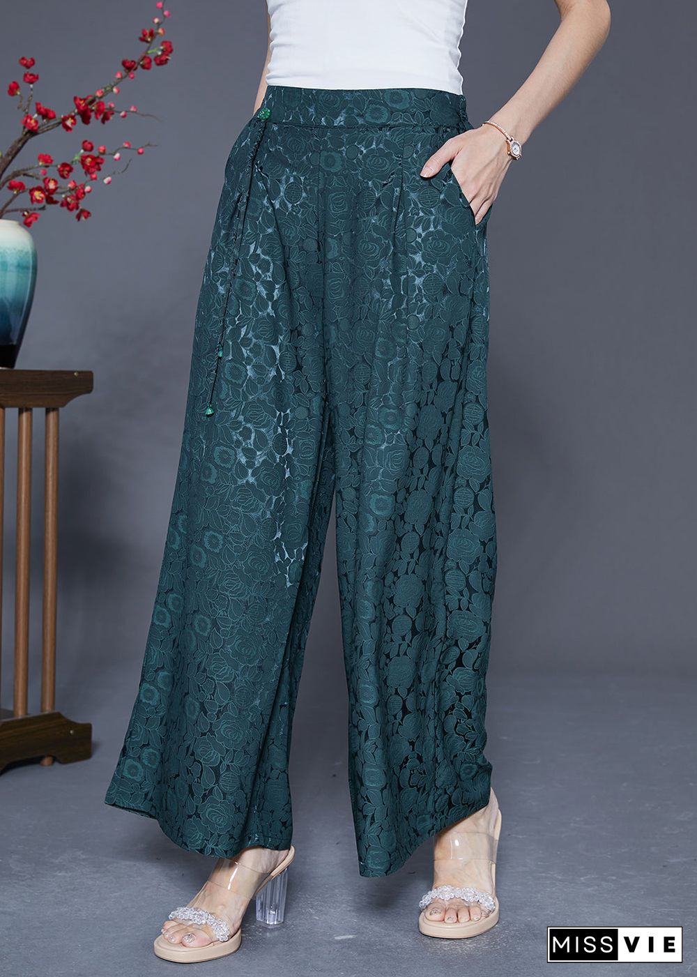 Blackish Green Silk Straight Pants High Waist Tassel Summer