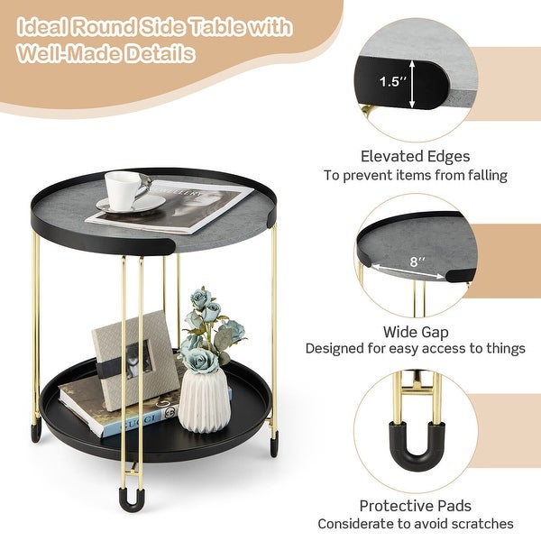 Gymax 2-Tier Side End Table Round Nightstand Gold Frame for Living